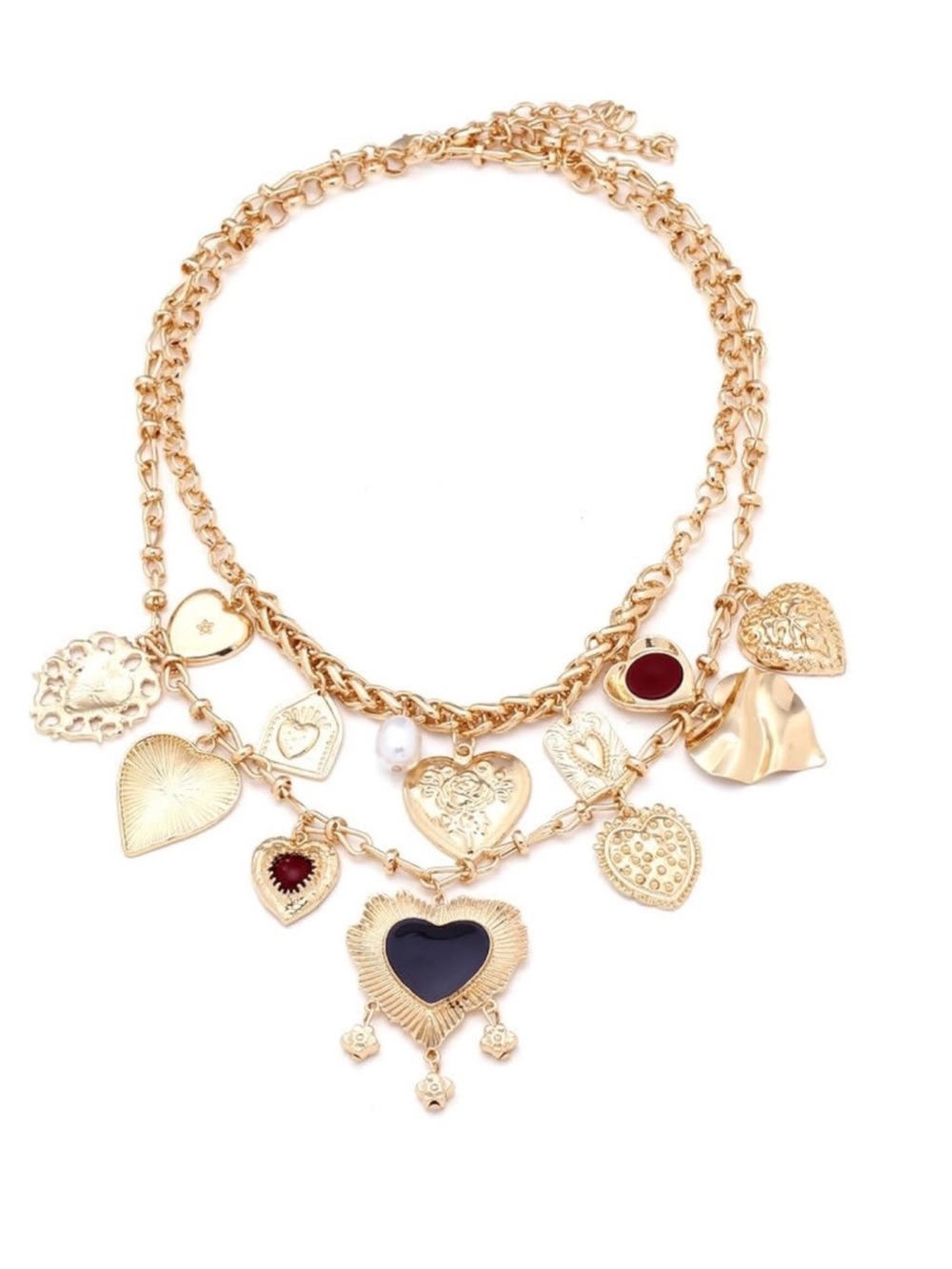 Gold Tone Layered Heart Charm Necklace Vintage Style Statement Jewelry